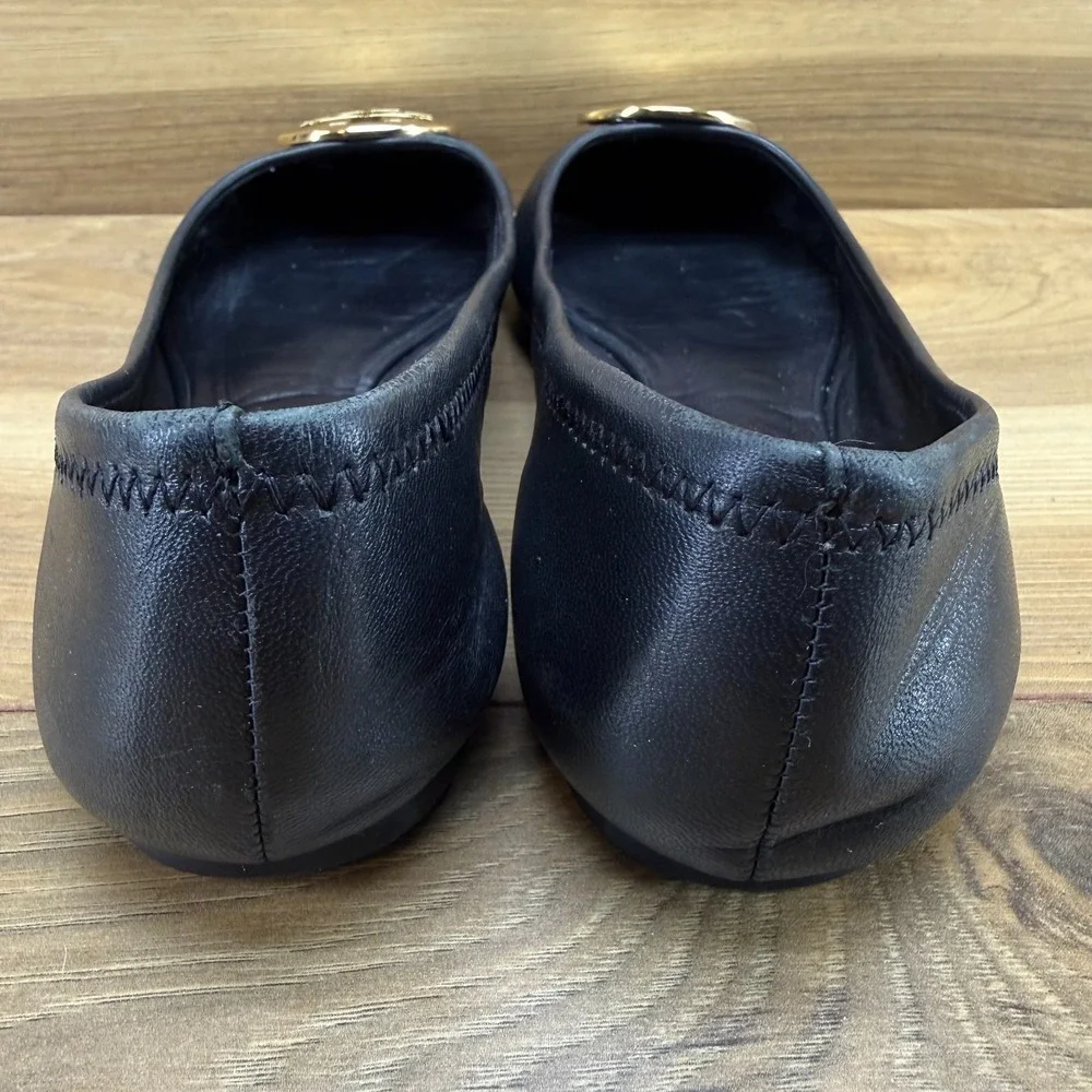 Tory Burch Reva Flats Black Soft 6.5 M Soft Leather Gold Logo Modern Office Walk